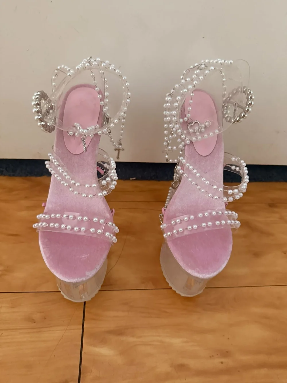 Dolls Kill Holy Revelation Pearl-Embellished Pink Platform Heels